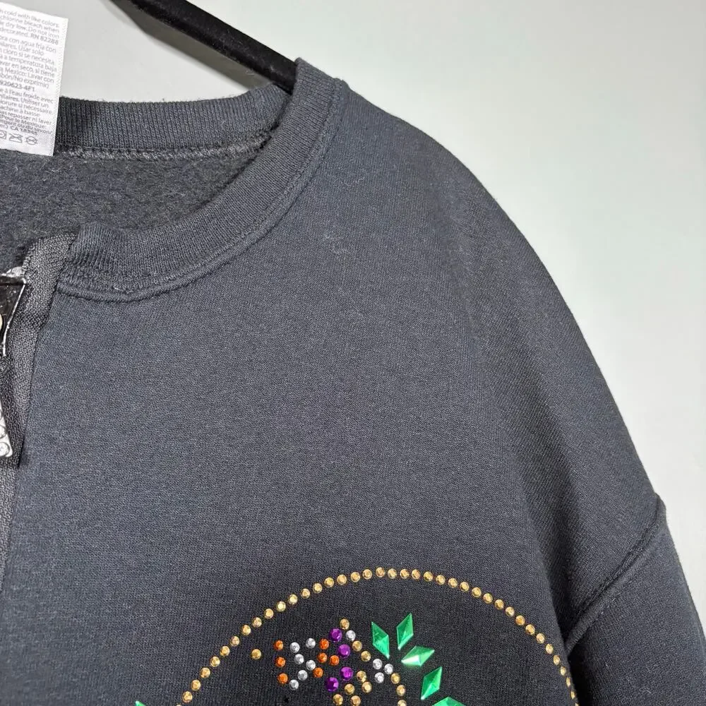 Women's Black Rhinestone Hummingbird Zip Up Fleece Jacket Sweatshirt - Size XL